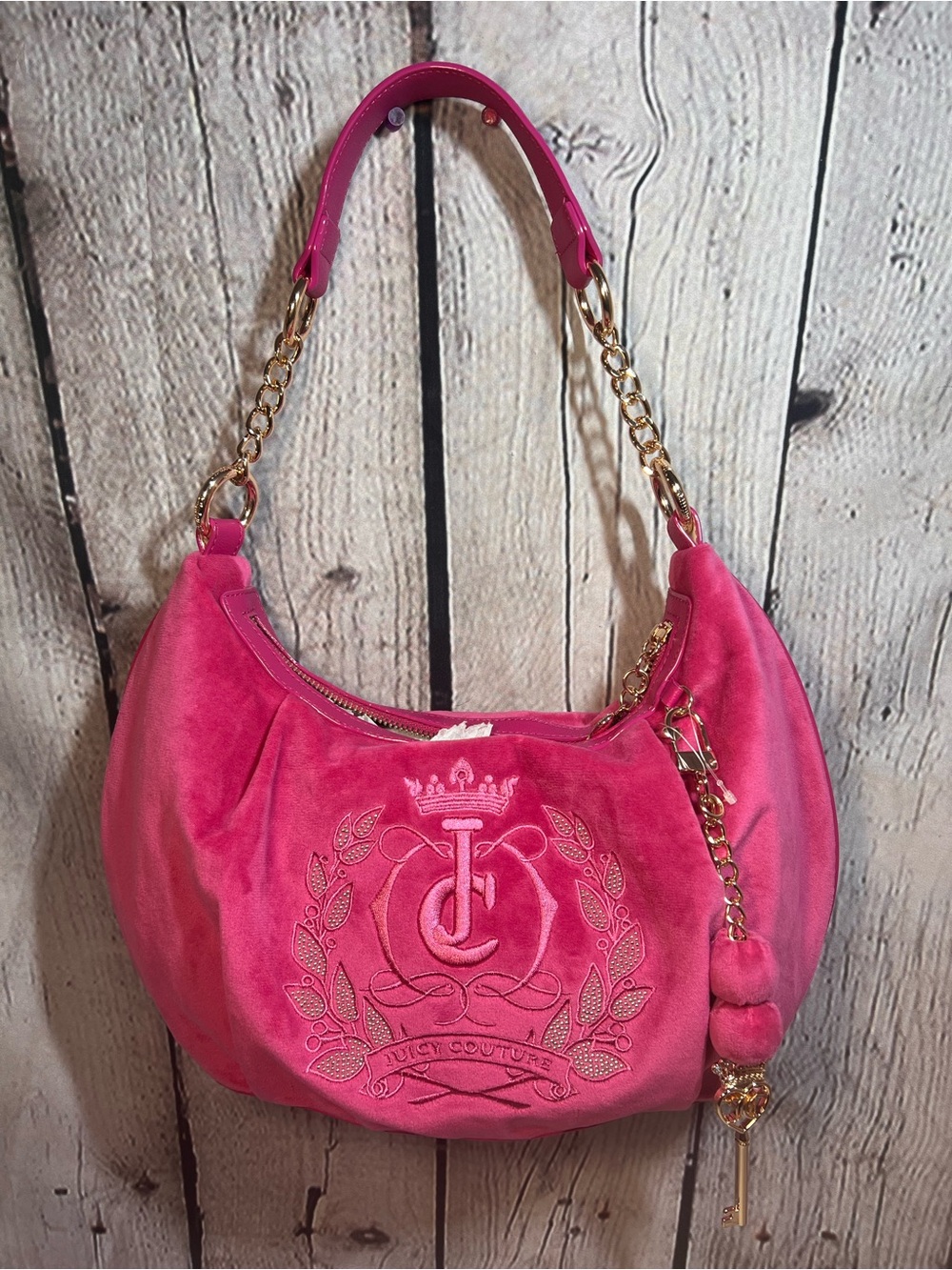 Juicy Couture Hot Pink Velvet Shoulder Bag with Gold Hardware